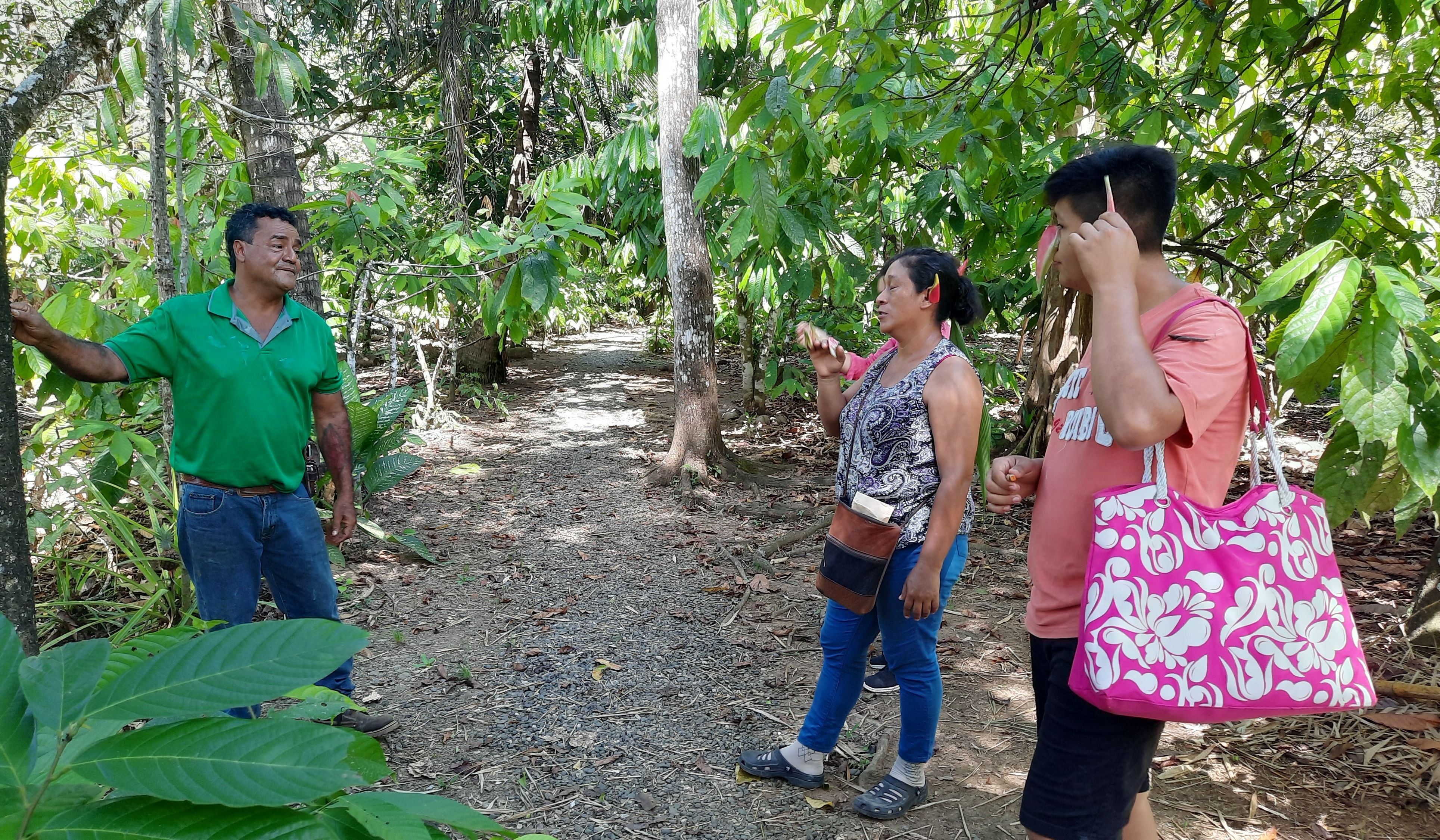 German explains particularities of cacao plants at Rancho Raices